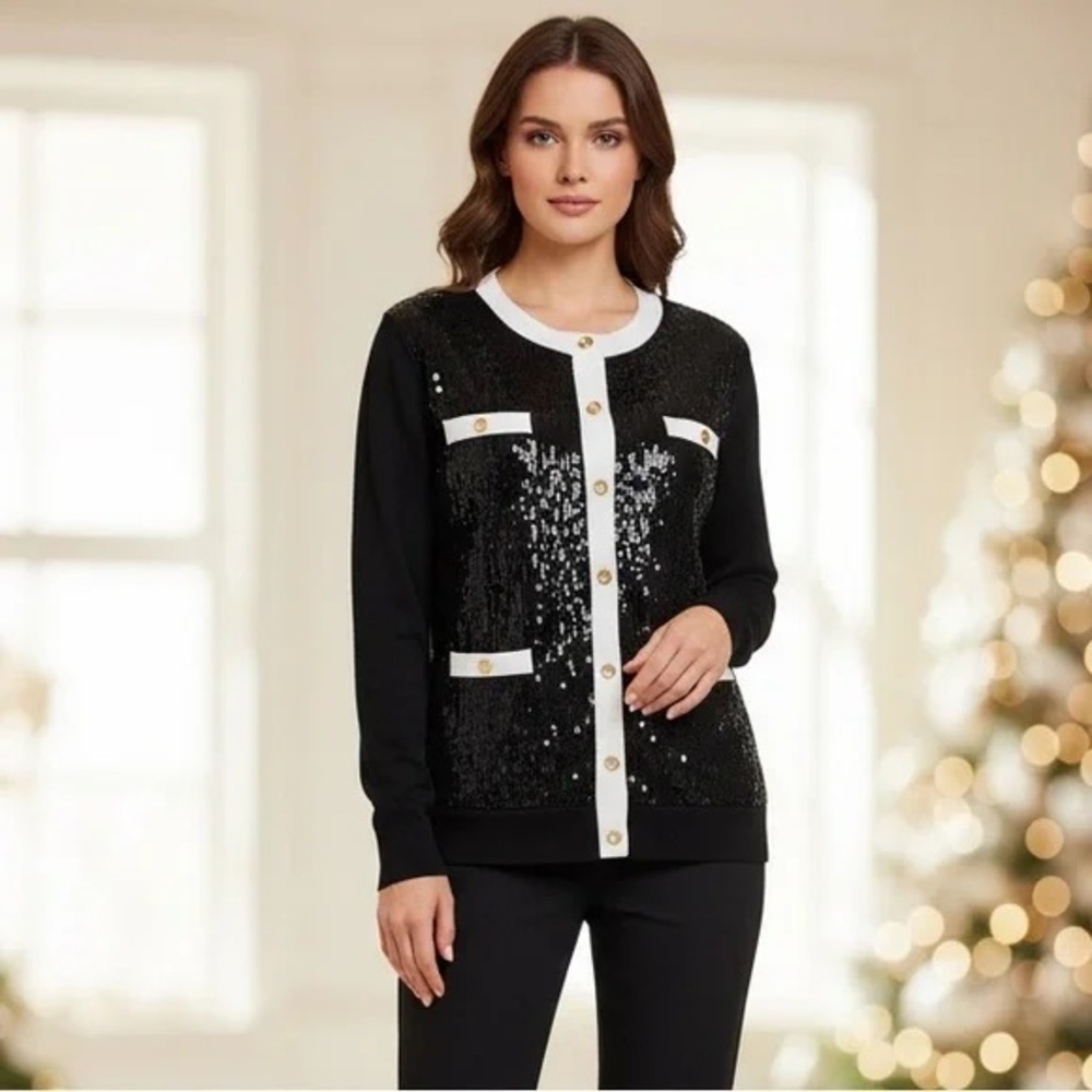 BCBGMAXAZRIA NWT Black Sequin Cardigan Jacket Cream Trim Gold Buttons M